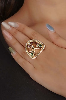 Gold Plated Uncut Polki & Beaded Jadau Ring