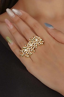 Gold Plated Uncut Polki & Beaded Jadau Ring