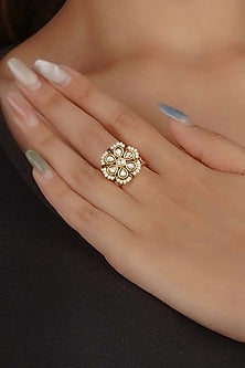 Gold Plated Uncut Polki & Beaded Jadau Ring
