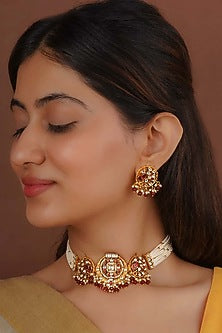 Gold Plated Uncut Polki & Beaded Jadau Choker Necklace