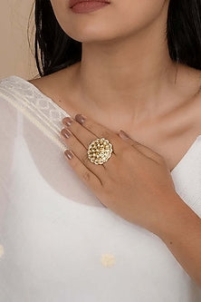 Gold Plated Uncut Polki & Beaded Jadau Ring