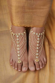 Gold Plated Uncut Polki & Beaded Jadau Payal (Set Of 2)