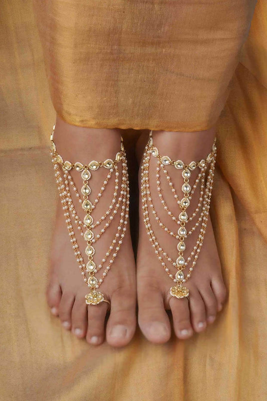 Gold Plated Uncut Polki & Beaded Jadau Payal (Set Of 2)