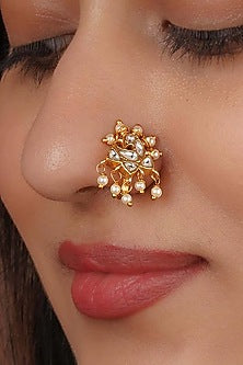 Gold Plated Uncut Polki & Beaded Jadau Nose Ring