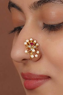 Gold Plated Uncut Polki & Beaded Jadau Nose Ring
