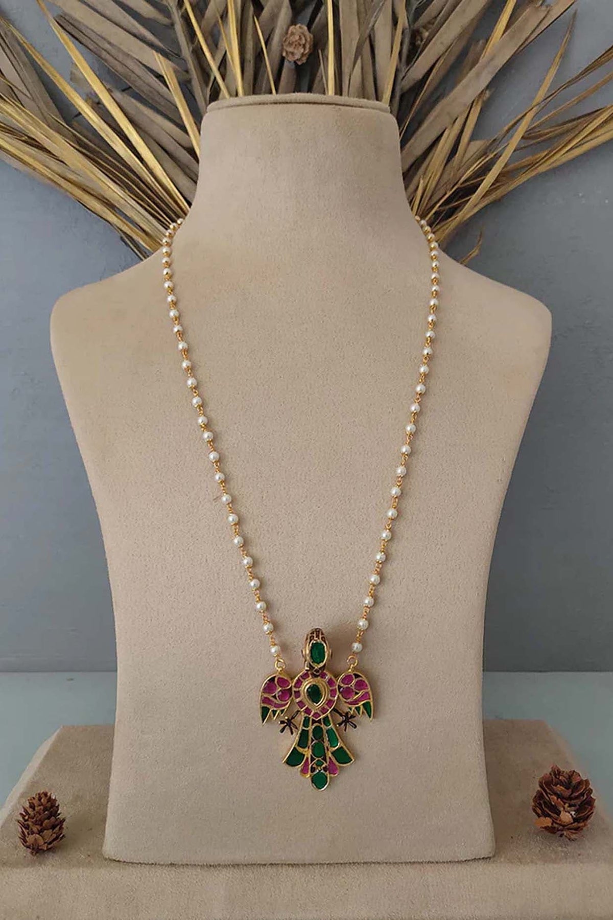 Gold Plated Uncut Polki & Beaded Jadau Long Necklace