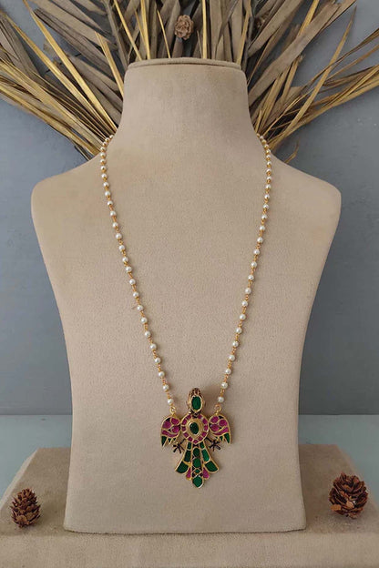 Gold Plated Uncut Polki & Beaded Jadau Long Necklace