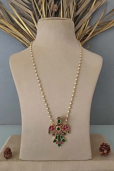 Gold Plated Uncut Polki & Beaded Jadau Long Necklace