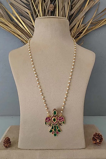 Gold Plated Uncut Polki & Beaded Jadau Long Necklace