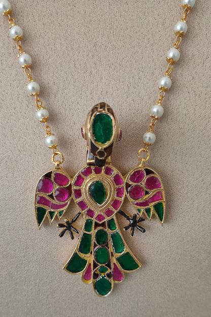 Gold Plated Uncut Polki & Beaded Jadau Long Necklace