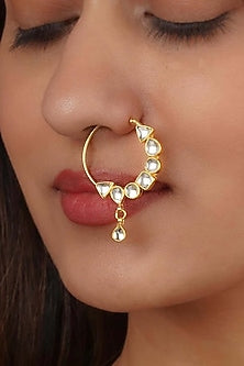 Gold Plated Uncut Polki & Beaded Jadau Nose Ring