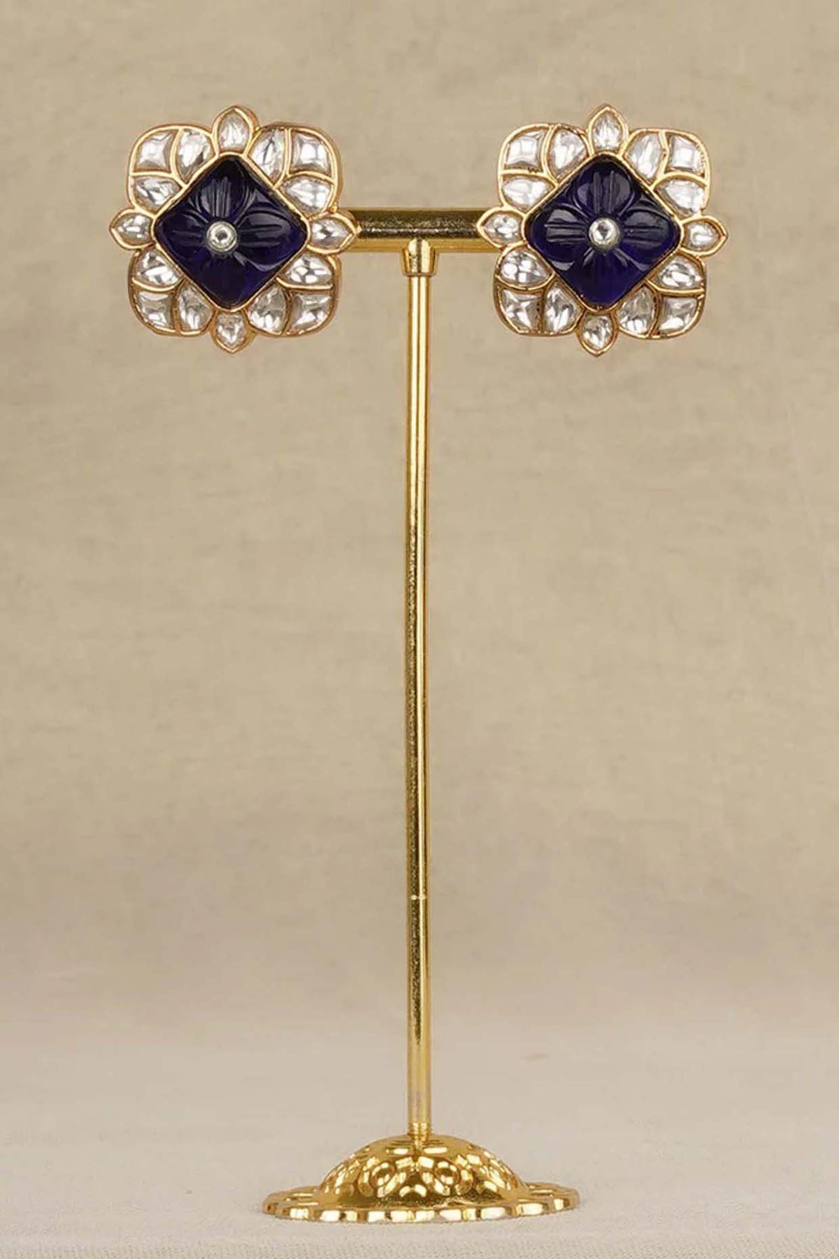 Gold Plated Uncut Polki & Beaded Jadau Stud Earrings