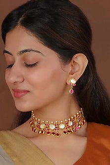Gold Plated Uncut Polki & Beaded Jadau Choker Necklace Set