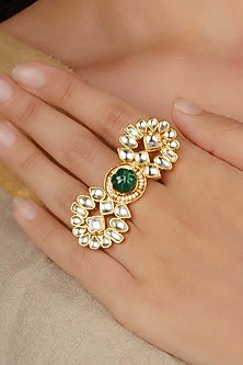 Gold Plated Uncut Polki & Beaded Jadau Ring