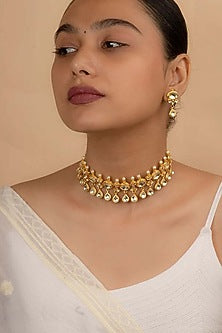 Gold Plated Uncut Polki & Beaded Jadau Choker Necklace Set