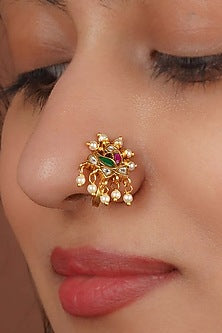 Gold Plated Uncut Polki & Beaded Jadau Nose Ring