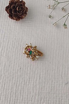 Gold Plated Uncut Polki & Beaded Jadau Nose Ring