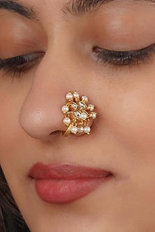 Gold Plated Uncut Polki & Beaded Jadau Nose Ring