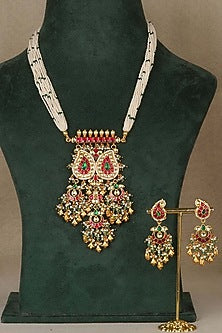 Gold Plated Uncut Polki & Beaded Jadau Long Necklace