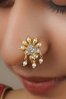 Gold Plated Uncut Polki & Beaded Jadau Nose Ring