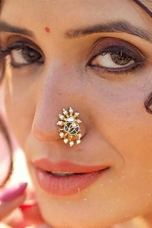 Gold Plated Uncut Polki & Beaded Jadau Nose Ring