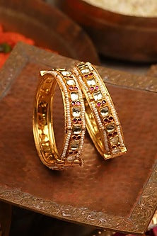 Gold Plated Uncut Polki & Beaded Jadau Bangle ( Set Of 2)