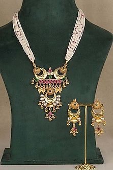 Gold Plated Uncut Polki & Beaded Jadau Long Necklace