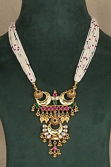 Gold Plated Uncut Polki & Beaded Jadau Long Necklace