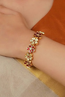 Gold Plated Uncut Polki & Beaded Jadau Bracelet