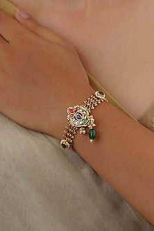 Gold Plated Uncut Polki & Beaded Jadau Bracelet