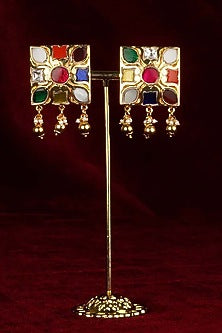 Gold Plated Uncut Polki & Beaded Jadau Stud Earrings