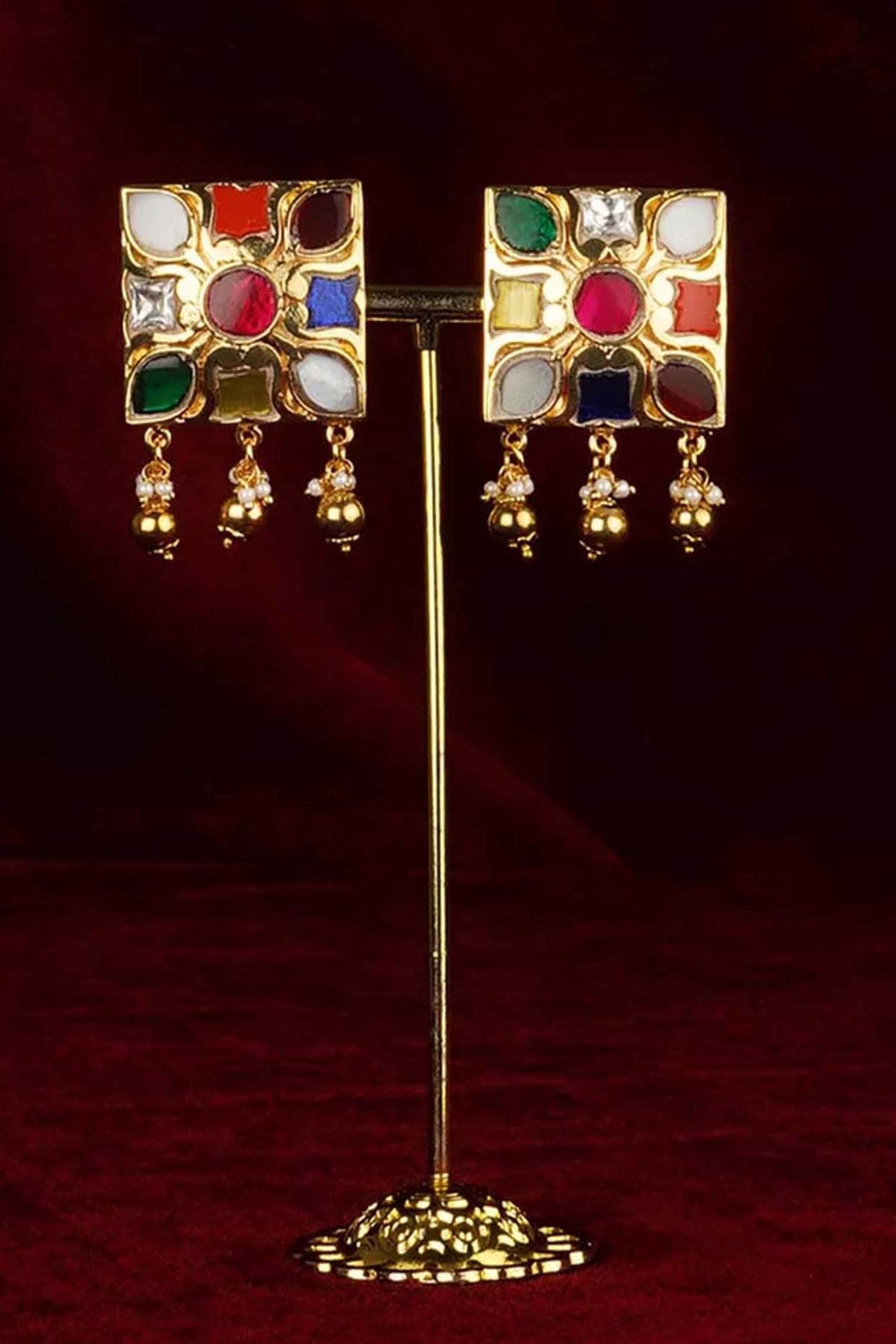 Gold Plated Uncut Polki & Beaded Jadau Stud Earrings