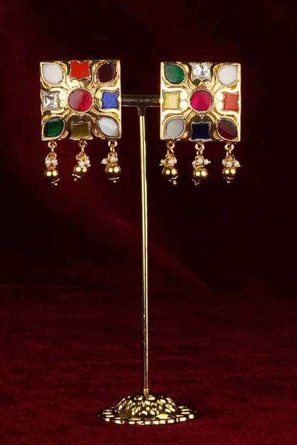 Gold Plated Uncut Polki & Beaded Jadau Stud Earrings