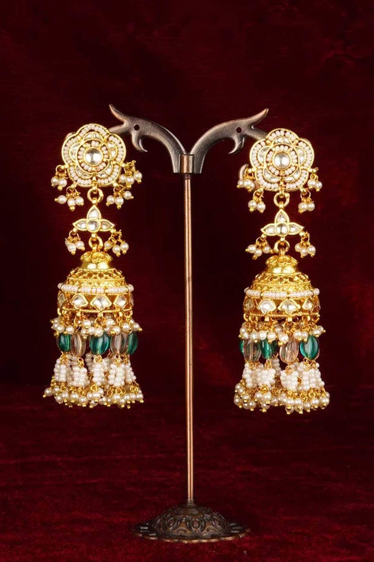 Gold Plated Uncut Polki & Beaded Jadau Jhumka Earrings