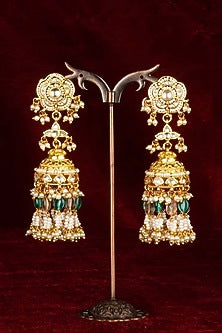 Gold Plated Uncut Polki & Beaded Jadau Jhumka Earrings