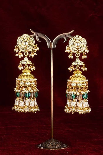 Gold Plated Uncut Polki & Beaded Jadau Jhumka Earrings