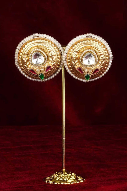 Gold Plated Uncut Polki & Beaded Jadau Stud Earrings