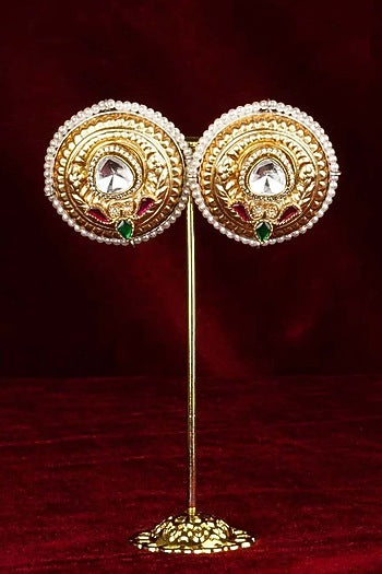 Gold Plated Uncut Polki & Beaded Jadau Stud Earrings