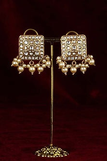 Gold Plated Uncut Polki & Beaded Jadau Stud Earrings