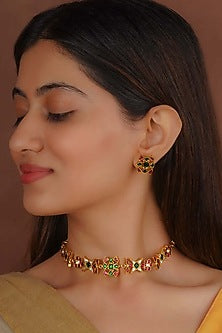 Gold Plated Uncut Polki & Beaded Jadau Choker Necklace Set