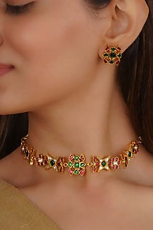 Gold Plated Uncut Polki & Beaded Jadau Choker Necklace Set