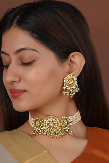 Gold Plated Uncut Polki & Beaded Jadau Choker Necklace Set