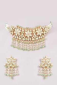 Gold Finish Green Kundan Polki & Jadau Necklace Set