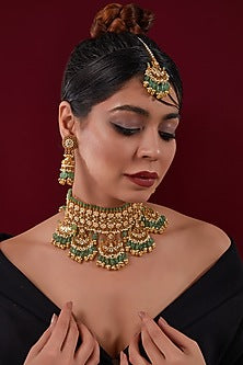 Gold Finish Green Kundan Polki & Jadau Necklace Set