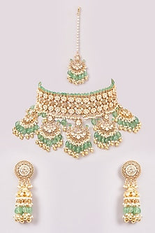 Gold Finish Green Kundan Polki & Jadau Necklace Set