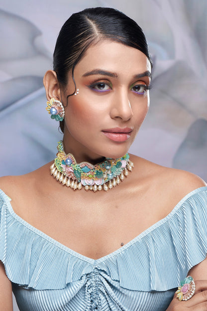 Multi-Colored Stone & Sequinned Choker Necklace Set