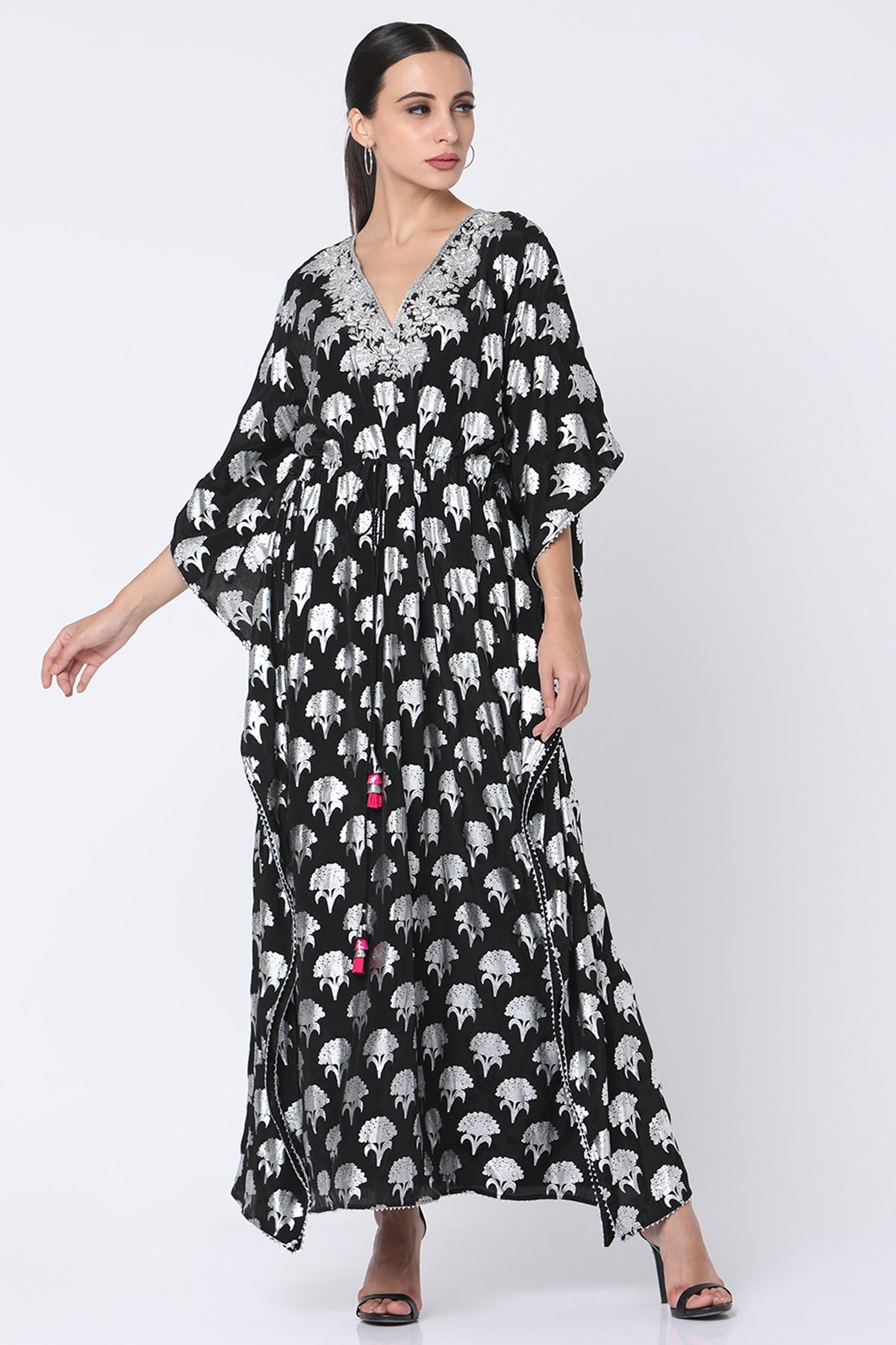 Black Floral Spring Printed Kaftan WIth Attached Slip