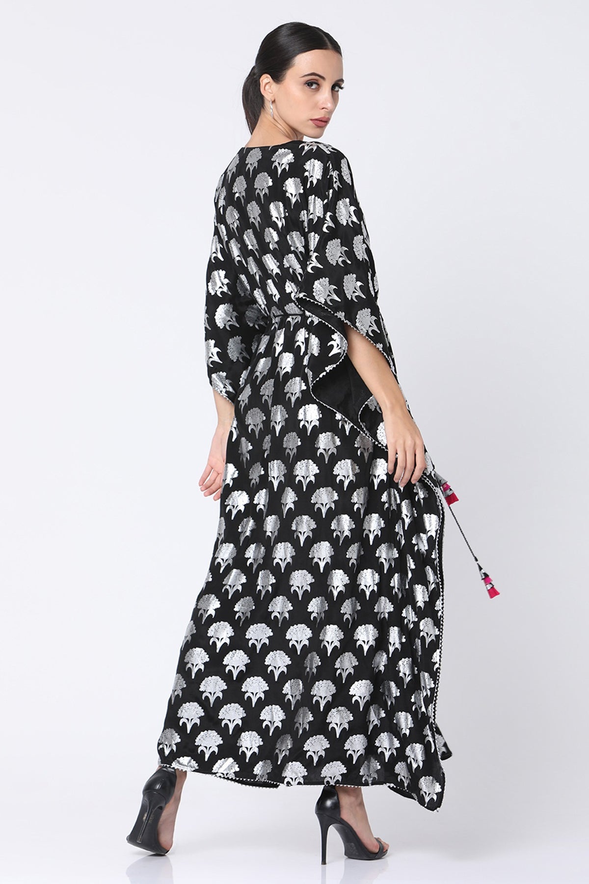 Black Floral Spring Printed Kaftan WIth Attached Slip