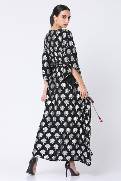 Black Floral Spring Printed Kaftan WIth Attached Slip