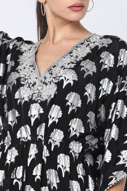 Black Floral Spring Printed Kaftan WIth Attached Slip